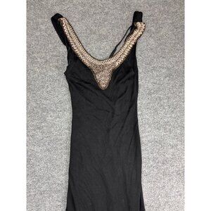 Bebe Maxi Dress Women's Small Black Gold Crochet Scoop Neck Sleeveless Lined